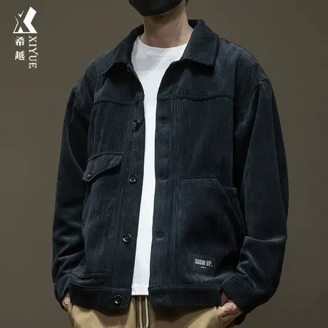 工装风男士夹克外套秋季时尚翻领灯芯绒长袖衬衫宽松大码拼接外衣商品大图