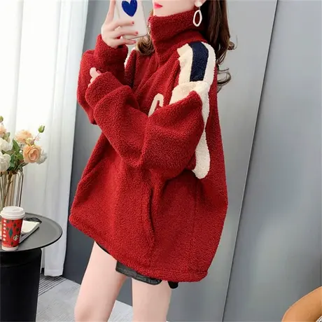 设计感加绒加厚羊羔毛卫衣女秋冬2022年新款宽松慵懒风半拉链外套图片