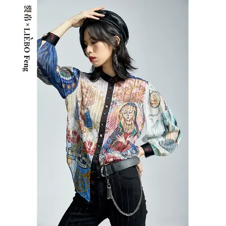 H裂帛LIEBOFeng小众设计感2023复古欧式印花港风长袖衬衫图片