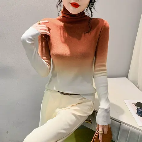 性感拼色印花针织衫长袖复古高领套头女装毛衣洋气修身个性打底衫商品大图