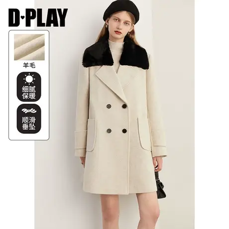 DPLAY2023冬法式赫本风黑色两穿可拆卸毛领小个子短款宽松呢大衣商品大图