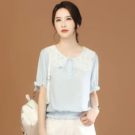 韩潮袭人娃娃领别致漂亮雪纺衫女夏新款拼接蕾丝短袖T恤洋气减龄图片