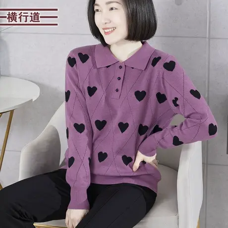 2023冬季新款韩版甜美翻领爱心提花宽松纽扣毛衣长袖大码外穿上衣商品大图