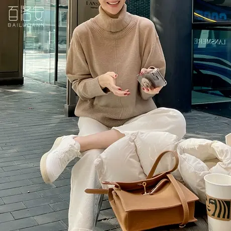 百洛安长袖套头百搭针织毛衫女2023冬季新款宽松舒适保暖高领毛衣商品大图