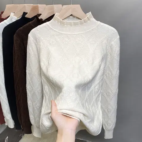 半高领毛衣女蕾丝打底衫2023秋冬新款套头外穿针织衫内搭钉珠上衣商品大图