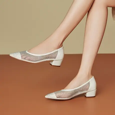 羊漆皮网纱拼接真皮包头单鞋女时尚舒适烫钻设计透气舒适中粗跟鞋商品大图