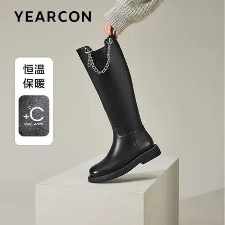 意尔康真皮长筒靴女骑士靴胖mm高筒显瘦冬季加绒长靴弹力平底靴子图片