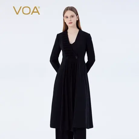 VOA重磅真丝41姆米赫本黑V领不对称塔克褶设计百搭修身长袖风衣女图片