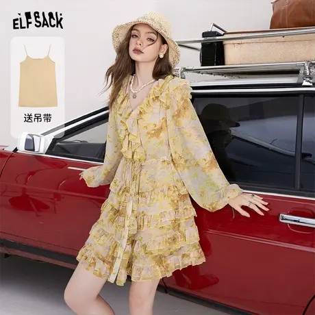 妖精的口袋【两件套】黄色雪纺碎花连衣裙女2023夏新款法式吊带裙商品大图