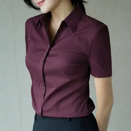 2025春装红色衬衣V领短袖修身上班正装工作服半袖职业黑色衬衫女商品大图