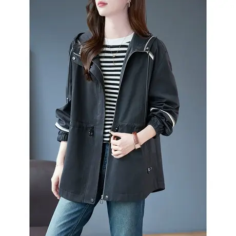 宝诗黎连帽抽绳工装外套女2023新款春秋季宽松休闲上衣中长款夹克商品大图