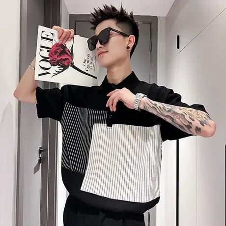 夏季拼接条纹衬衫五分袖寸衫2023新款休闲发型师潮牌短袖中袖衬衣商品大图