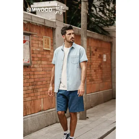 Simwood简木丹宁【宽松版型】7盎司水洗做旧前胸口袋牛仔衬衫男商品大图