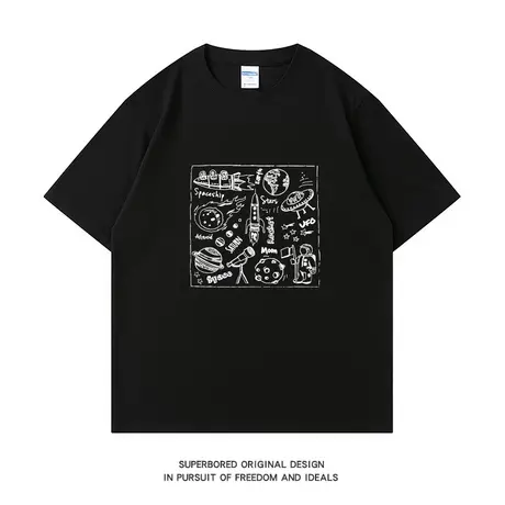 太空飞船宇航员印花纯棉短袖T恤男ins港风潮牌夏季简约宽松半袖商品大图