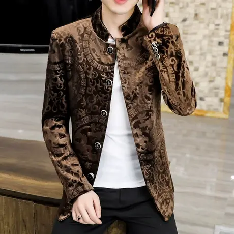 外套男秋季高级感金丝绒休闲西服青年潮流韩版痞帅立领中山装夹克商品大图