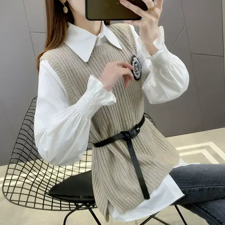 春季百搭针织背心马甲配衬衫女两件套2023新款韩版洋气设计感小众商品大图