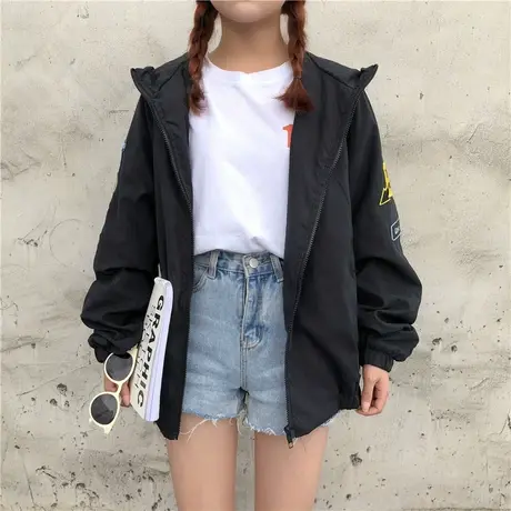 怪味少女外套原宿BF风春秋夹克女韩版学生宽松百搭复古杠条棒球服图片