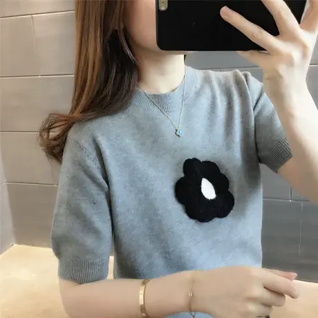 太阳花针织衫女韩版短袖上衣夏季2023新款小众设计套头圆领毛衣潮商品大图