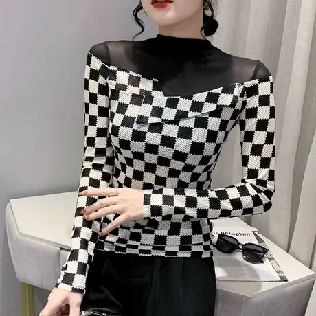 性感网纱拼接T恤女黑白格子长袖半高领洋气打底衫修身显瘦上衣秋图片