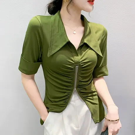 设计感拉链开叉T恤女五分袖欧货洋气POLO领上衣收腰紧身小衫夏装商品大图