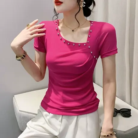 性感斜领露锁骨T恤女短袖设计感小众钉珠上衣气质百搭网纱小衫夏商品大图
