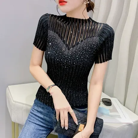 网纱拼接短袖针织衫女欧货性感镂空烫钻上衣夏季洋气紧身百搭T恤图片