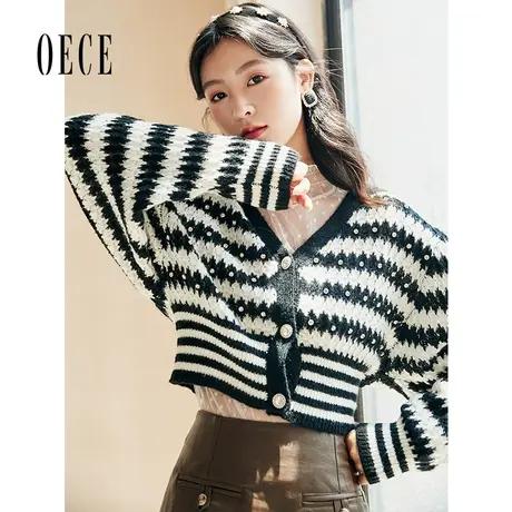 Oece复古条纹毛衣秋装新款女装文艺撞色针织衫开衫短外套春秋图片