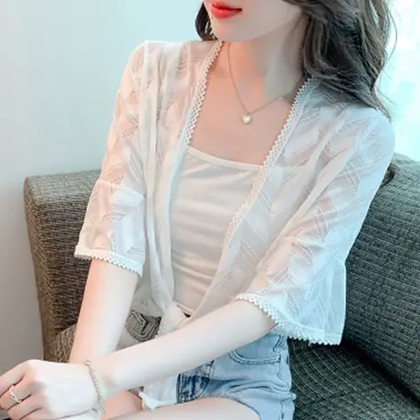 夏季女士短款雪纺蕾丝防晒开衫时尚洋气高档披肩外搭配裙子上衣女商品大图