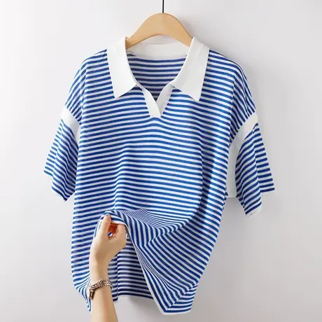 薄款冰丝针织衫女短袖夏季2021新款条纹t恤polo翻领时尚宽松上衣图片