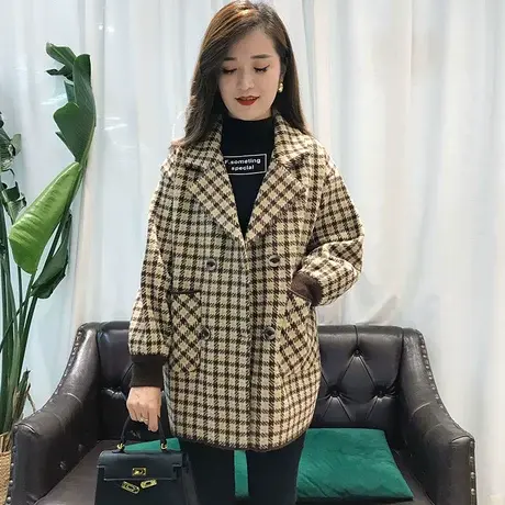 格子毛呢外套女2023春季新韩版宽松时尚针织双面呢小个子百搭大衣图片