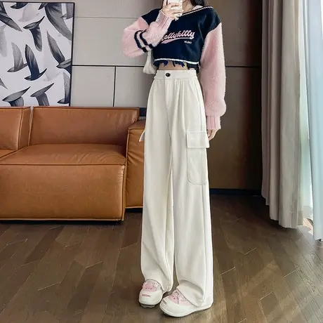 灯芯绒工装裤女秋冬新款高腰显瘦大口袋休闲宽松针织阔腿拖地裤子商品大图