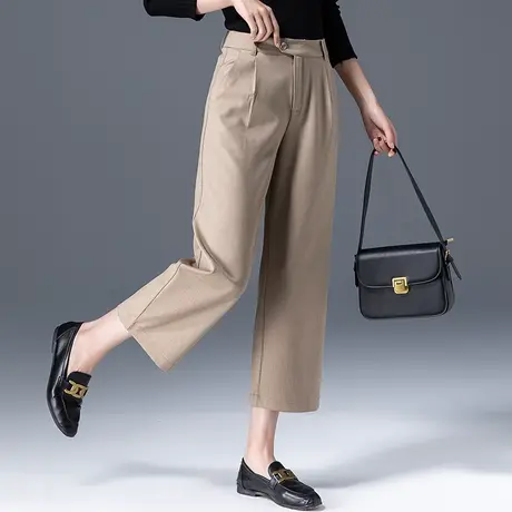 卡其色裤子女西装裤2024新款阔腿裤小个子八分裤休闲九分裤直筒裤商品大图