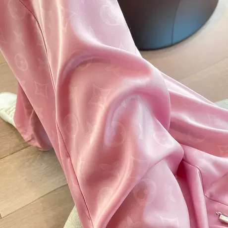 断码清仓  粉色冰丝阔腿裤女夏季薄款高腰显瘦提花直筒宽松拖地裤商品大图