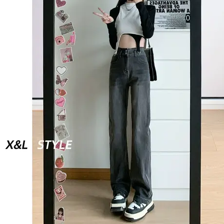 深色窄版阔腿牛仔裤女秋季2023年新款设计感修身百搭显瘦直筒裤子商品大图