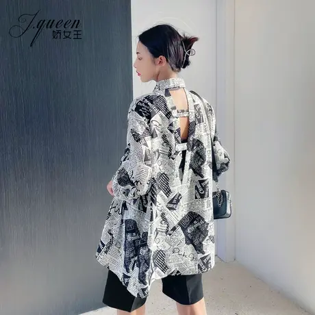 印花长袖衬衫女春秋季宽松港味复古小众设计感洋气露背雪纺衬衣商品大图