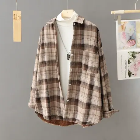 加绒加厚磨毛格子衬衫外套女款上衣秋冬季新款中长款大码宽松衬衣商品大图
