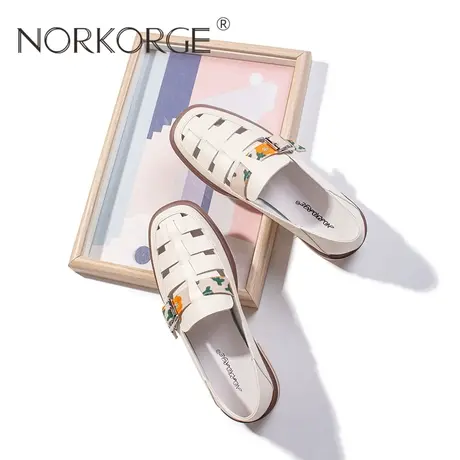 2023新款春夏复古仙女风米白色镂空罗马单鞋女鞋真皮方头粗跟凉鞋图片