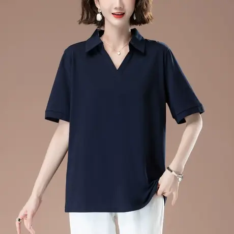 翻领短袖T恤女夏季加肥加大码女装宽松中年胖妈妈遮肚显瘦棉上衣商品大图