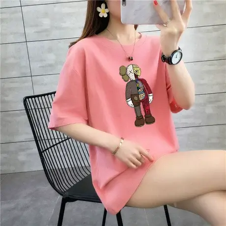 粉色短袖t恤女宽松夏2024新款韩版ins潮学生半袖体恤超火cec上衣图片