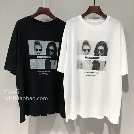 2022夏装韩国ulzzang新款美女印花宽松中长款慵懒短袖T恤上衣女潮图片