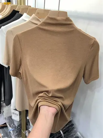 半高领春季针织衫女装2023新款中袖卡其色上衣修身T恤冰丝打底衫图片