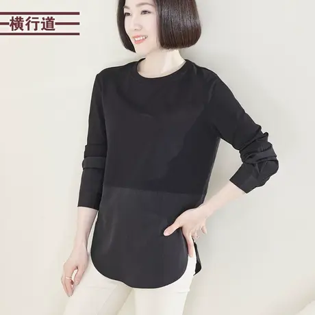 2024春季新款胖MM圆领打底衫长袖T恤女拼接黑色上衣简约外穿大码商品大图