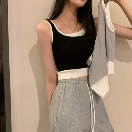 不规则假两件百搭无袖T恤女夏季小众设计感辣妹短款修身上衣ins潮商品大图