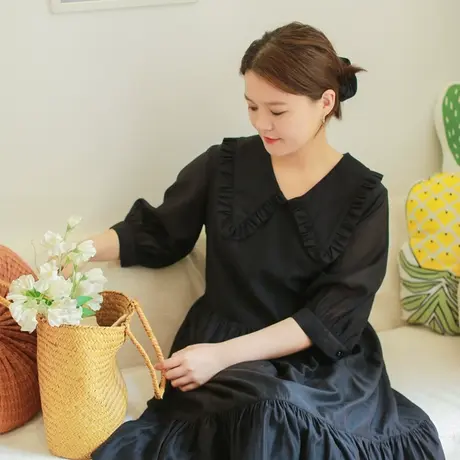 夏新品设计感简约小黑裙大码复古五分袖飘逸仙女裙商品大图