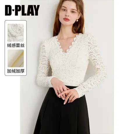 DPLAY【惠品】年春装法式白色V领加绒蕾丝打底衫上衣女图片