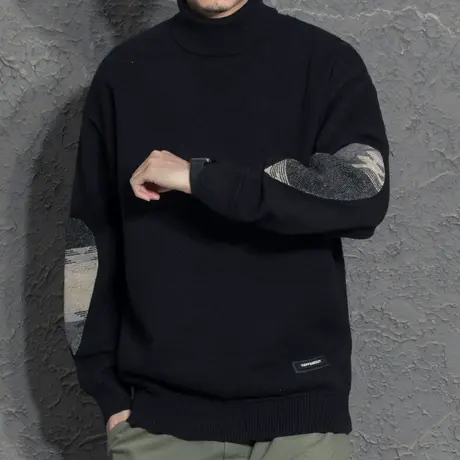 设计师补丁秋冬季男士加厚男士高领毛衣复古潮流粗线保暖针织衫潮商品大图