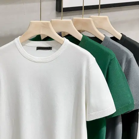 夏季冰丝凉爽男士短袖T恤男修身圆领纯色修身打底衫男针织衫毛衣商品大图