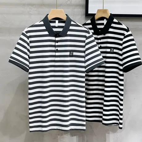 轻奢夏季透气菠萝纹黑白条纹polo衫男短袖修身商务休闲翻领t恤男商品大图