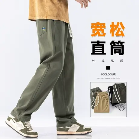 军绿色工装阔腿男生春天纯棉男裤子春秋款宽松紧腰休闲裤男士春季商品大图