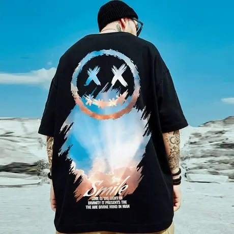 小恶魔笑脸大码短袖T恤潮牌情侣印花宽松胖子潮流纯棉夏季半袖ins图片